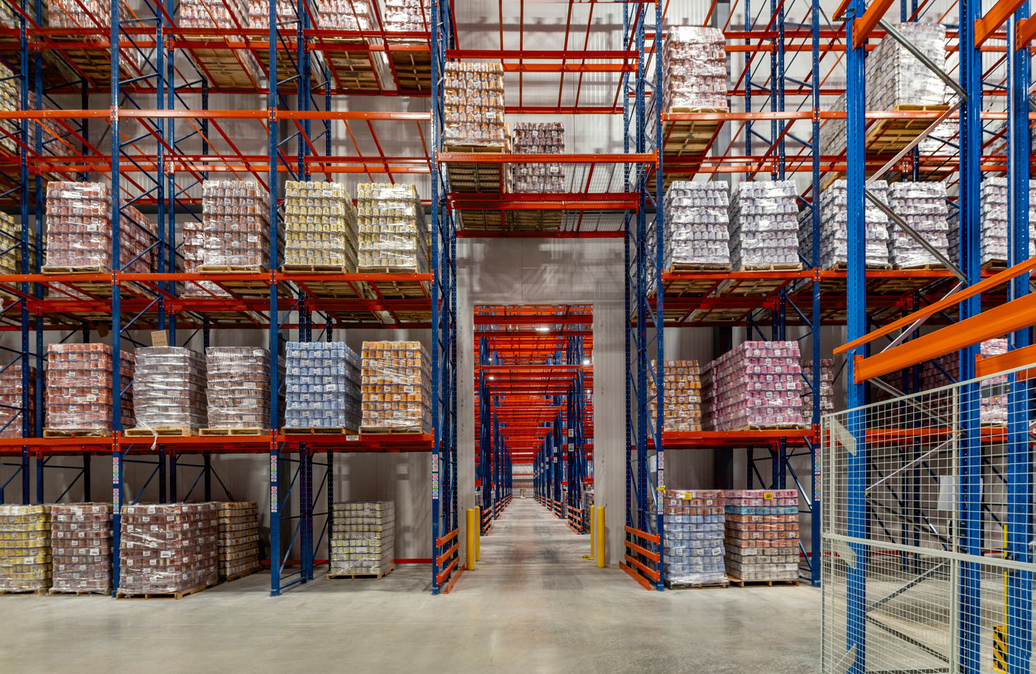 Racks in a cold storage warehouse